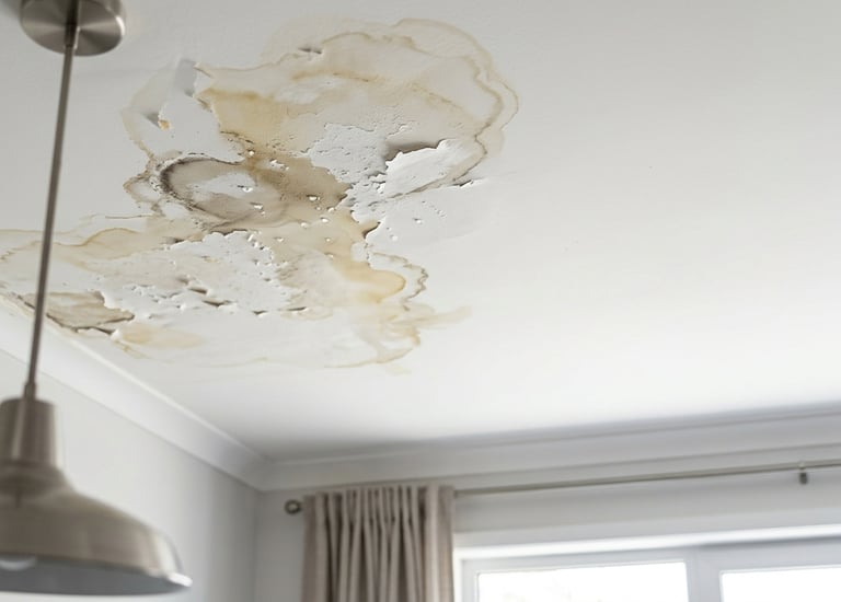 Humedad por filtración en techo con manchas de agua y pintura dañada
