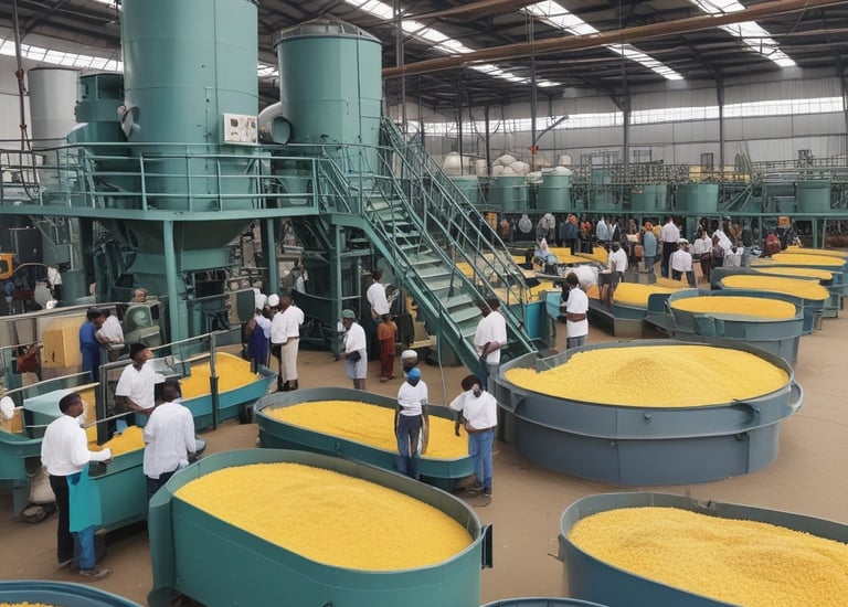 A modern industrial facility with clean design and safety signage.