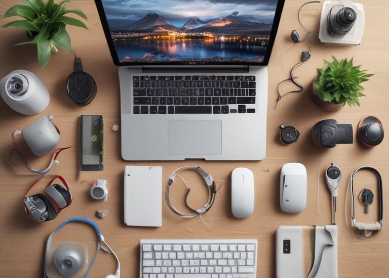 An influencer showcasing a new tech gadget in a cozy home environment.