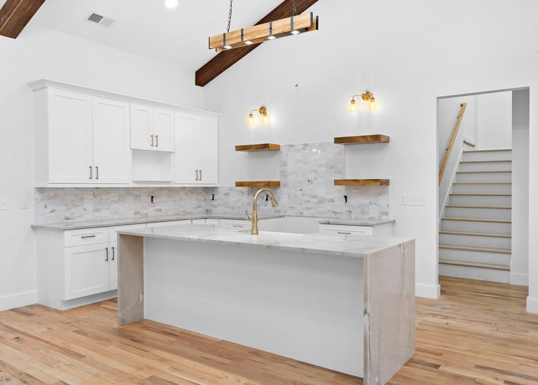 Kitchen island installation with integrated lighting, enhancing workspace functionality, style