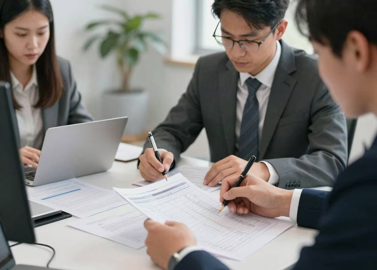 A team of chartered accountants collaborating over financial documents in a modern office.