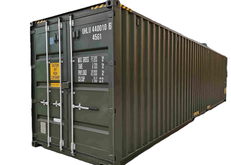 A 40-foot olive green high cube shipping container for cargo transport and storage.