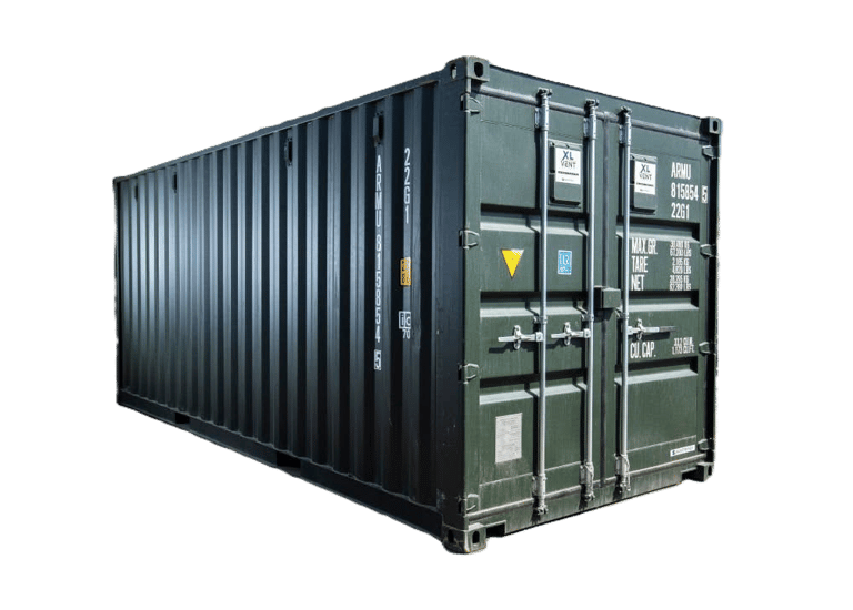 A 10ft dark green steel shipping container for storage and transport isolated on a white background.