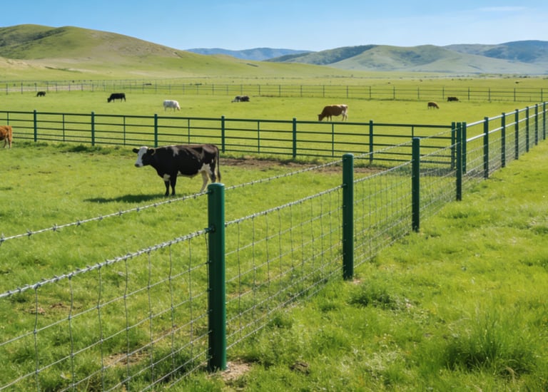 Green pasture fenced with galvanized steel cattle barriers (with barbed wire top), grazing cows visi