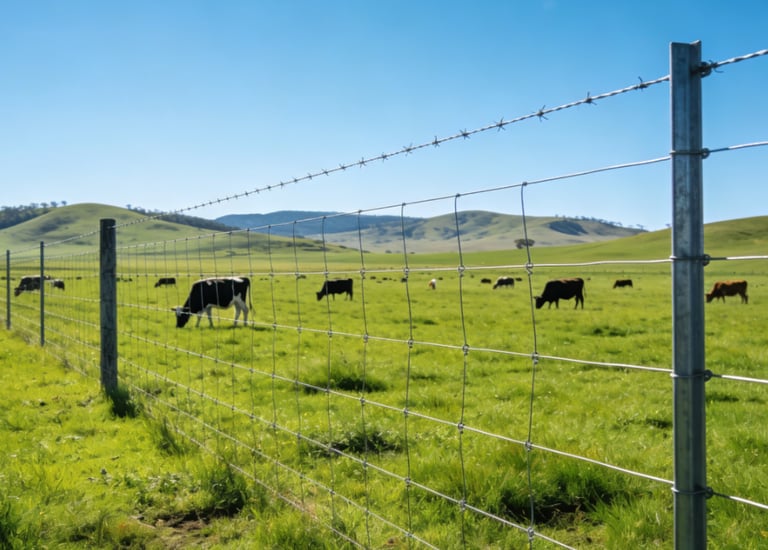 Pasture fence (with barbed wire top) enclosing grazing cattle; part of a ranch fencing project.