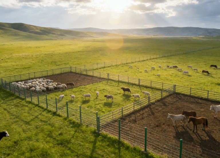  Aerial view of ecological free-range area: dip-coated cattle fences (0.8m low + 1.5m main) zone the