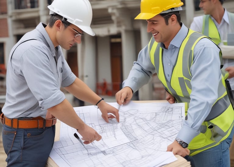 Close-up of hands measuring and planning blueprints on a construction site.