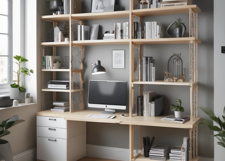 Stylish wooden office desk with shelves and organized workspace.