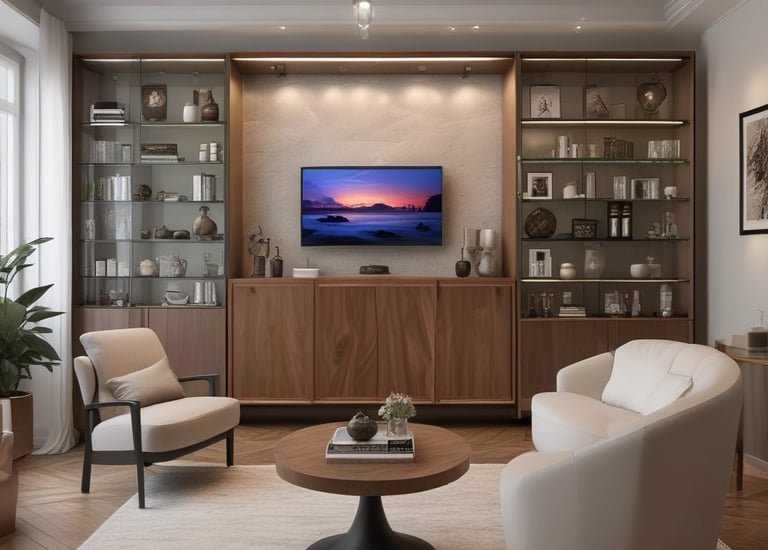 Modern living room shelving unit with decorative items and books.