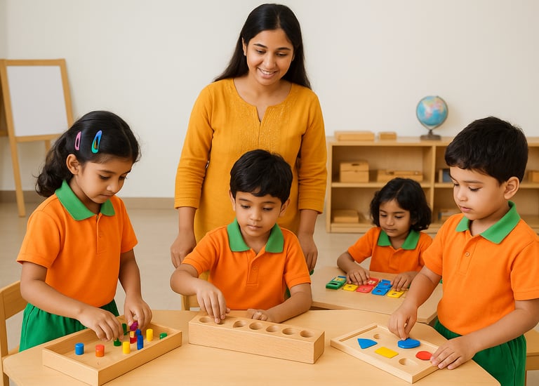 Children using various learning tools as the teacher looks on