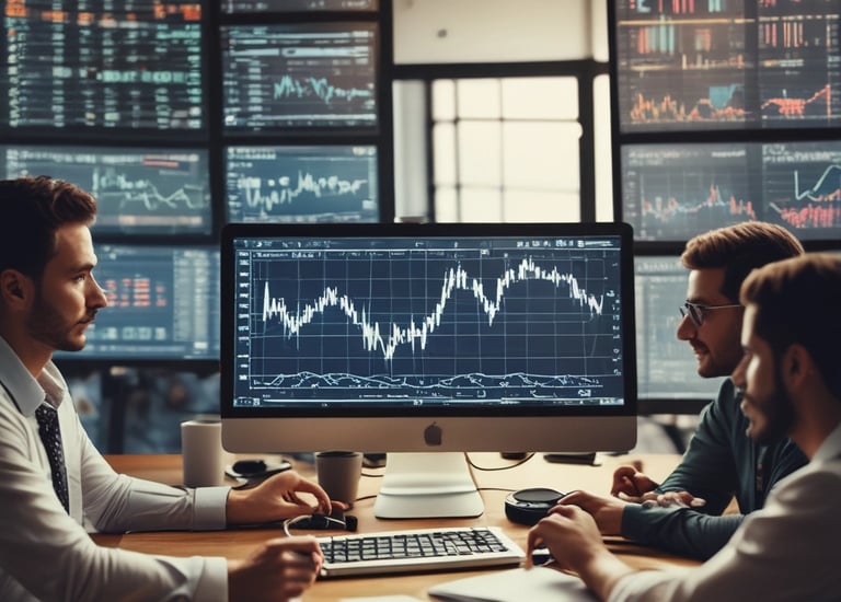 Team members collaborating over multiple monitors filled with crypto data.