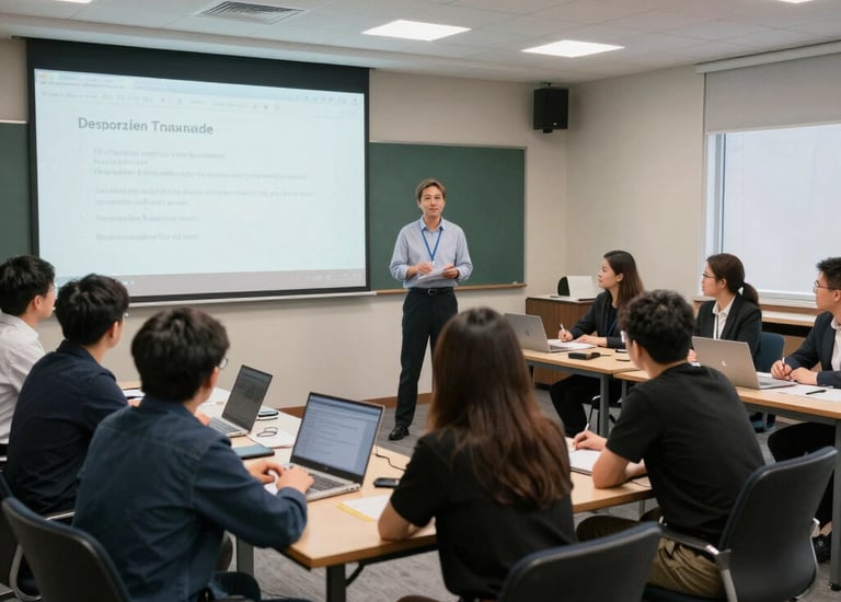 Smiling employees engaged in interactive team training session.