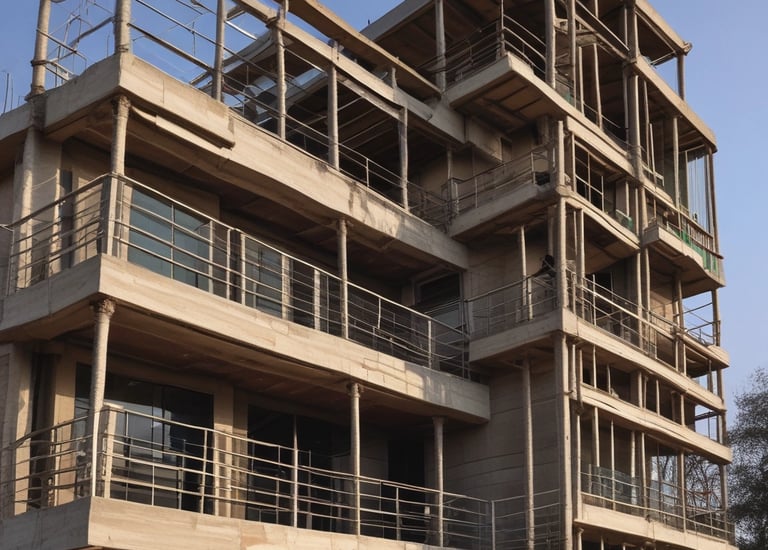 Steel framework of a commercial building under clear daylight