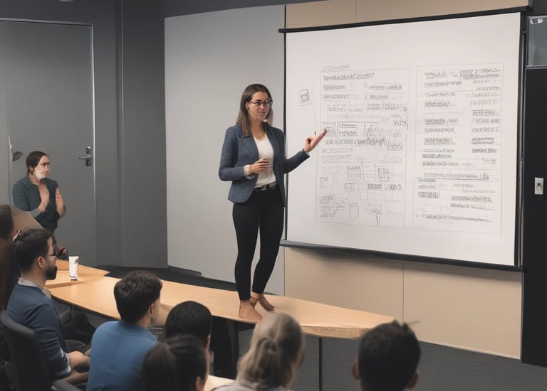 A team collaborating over AI-enhanced project management software on a large screen.