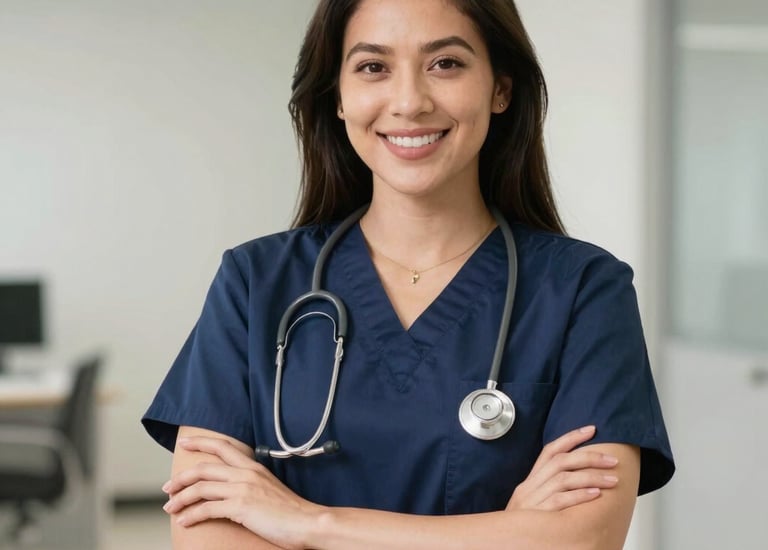 A nurse smiling confidently while reviewing financial charts with a golden lighthouse in the background.