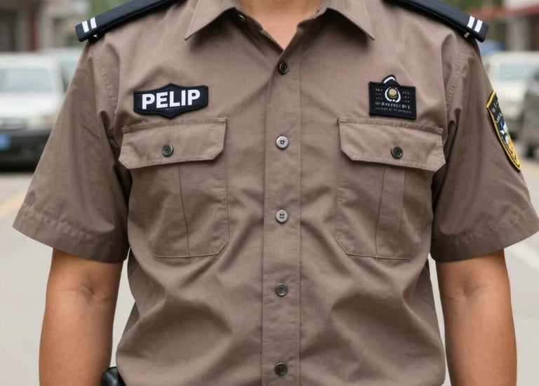 Security personnel coordinating via radio near a sleek patrol vehicle.