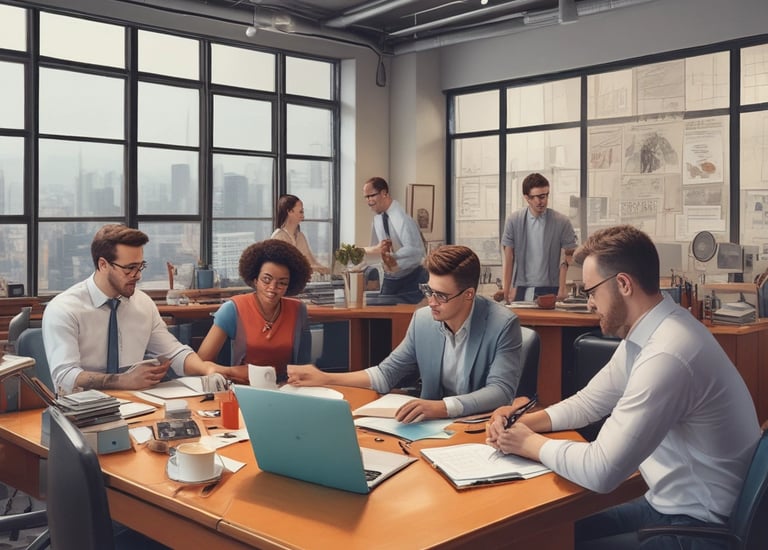 A sleek office space with AI-driven screens displaying analytics.