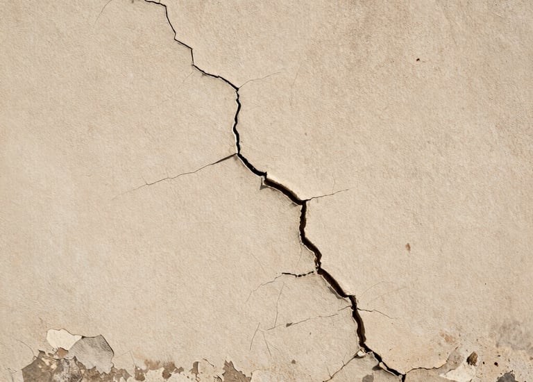 Restored wall showing repaired cracks and fresh paint in a modern style.