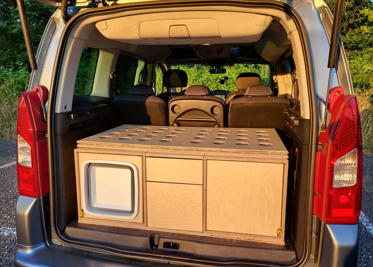 3rd prototype WOODSYBOX van conversion kit with storage drawers in the trunk of MPV..