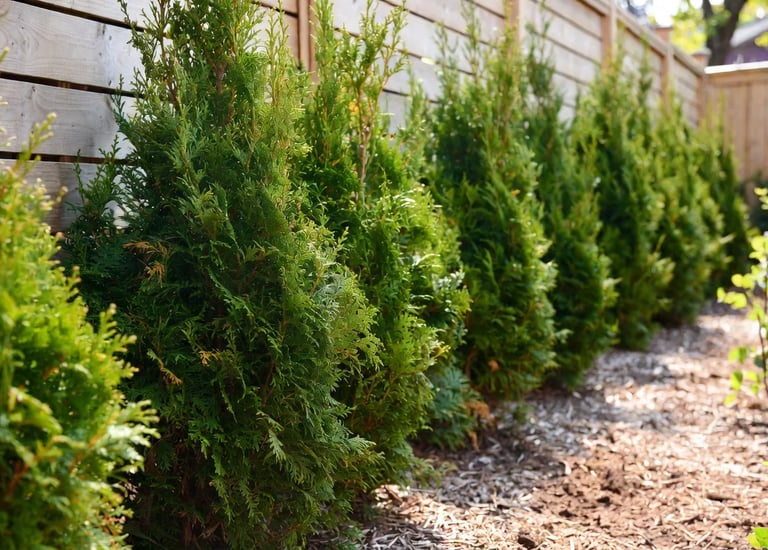 Haie de cèdres de 5 pieds fraîchement installée le long d’une clôture en bois par M2 Paysage