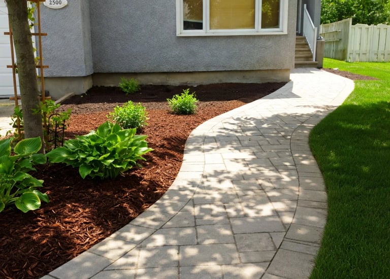 allée dalles courbée avec platebande luxuriante et hostas réalisée par M2 Paysage