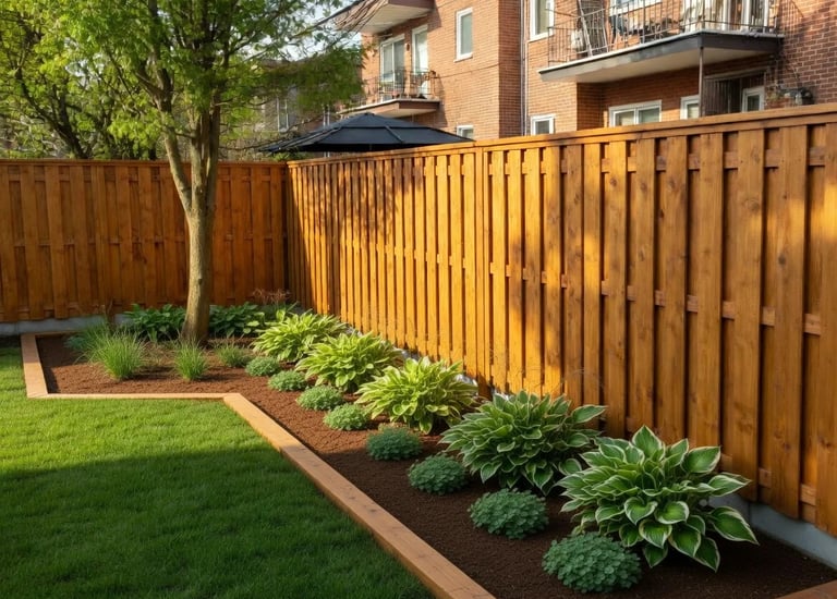 Plate-bande linéaire avec hostas panachés et couvre-sols devant une clôture en bois par M2 Paysage
