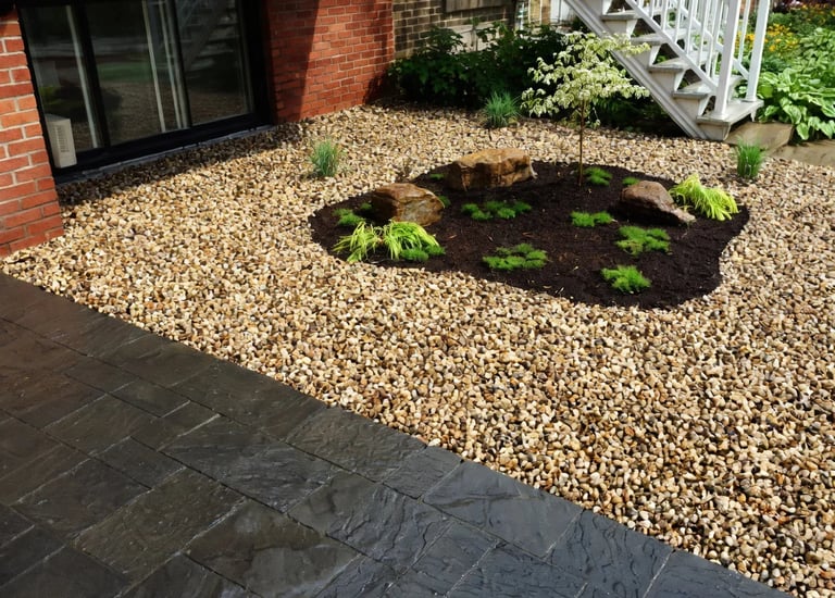 Platebande en gravier avec roches, paillis et plantes décoratives par M2 Paysage