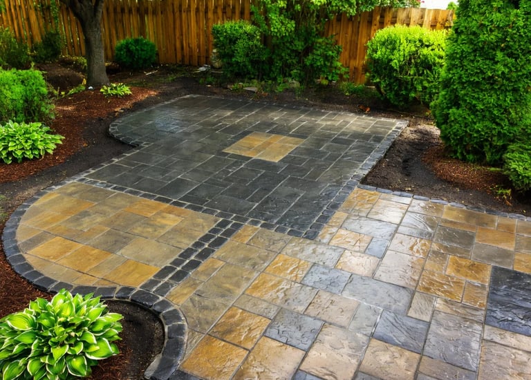 Terrasse courbée en pavés multicolores avec bordure contrastante réalisée par M2 Paysage