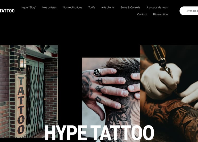 Page d'accueil du site web du salon de tatouage Hype Tattoo, présentant le salon, un tatoueur