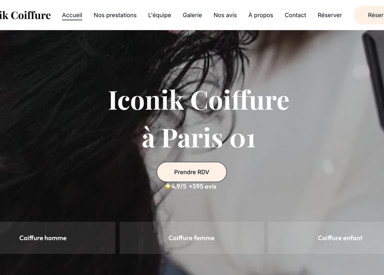 Page d'accueil du site web du salon de coiffure Iconik Coiffure à Paris 01 présentant les options