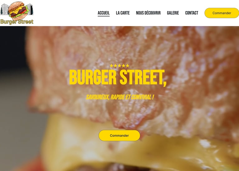 La page d'accueil du site web de Burger Street présente un burger avec un bouton "commander"