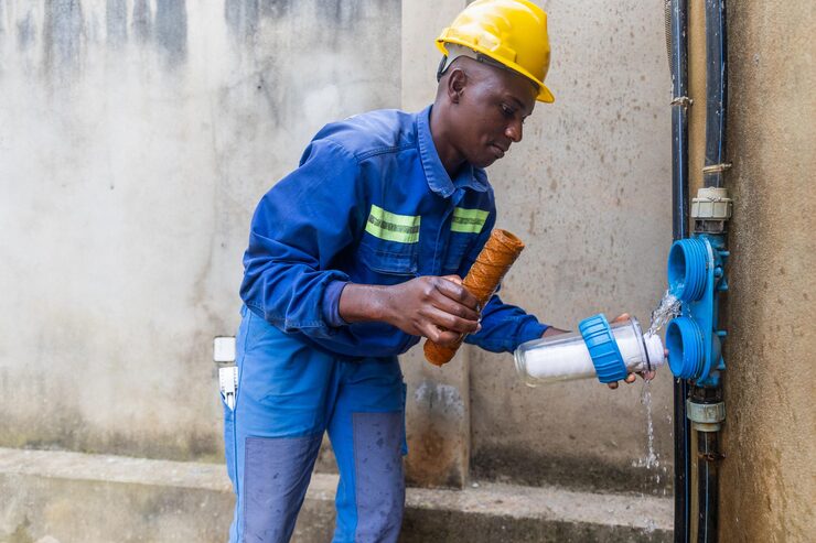 Professional plumber in uniform and hard hat replacing a dirty sediment water filter cartridge.