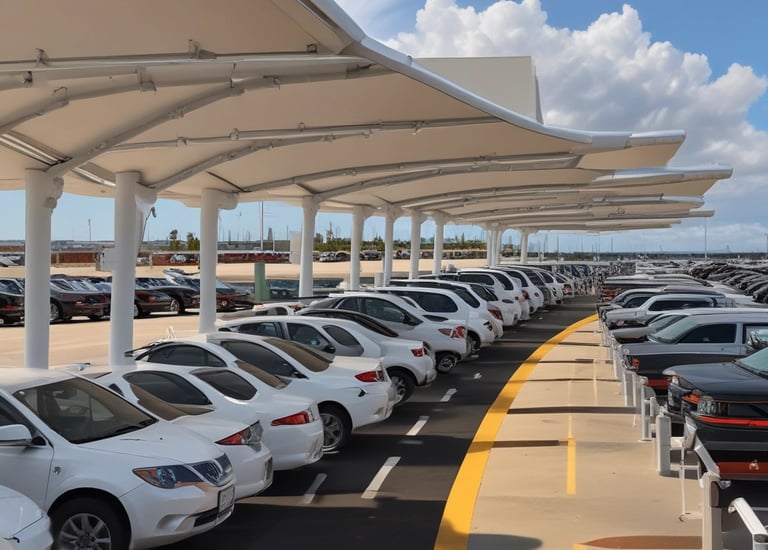 Cruise port parking shaded by solar canopies equipped with EV charging stations and digital displays.
