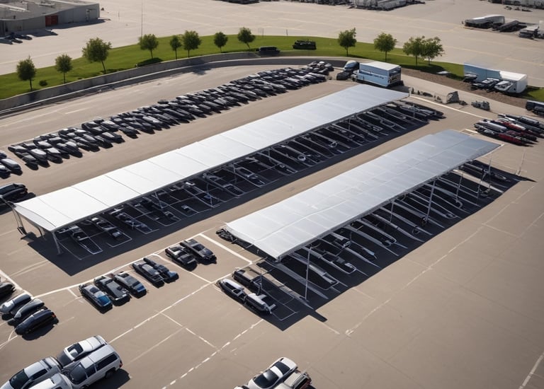 Big-box store parking with solar canopies providing lighting, wifi, and smart parking features.