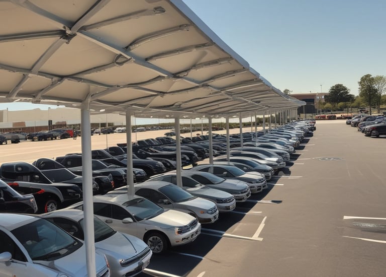 A bustling mall parking lot shaded by sleek solar canopies with integrated EV chargers and digital signage.