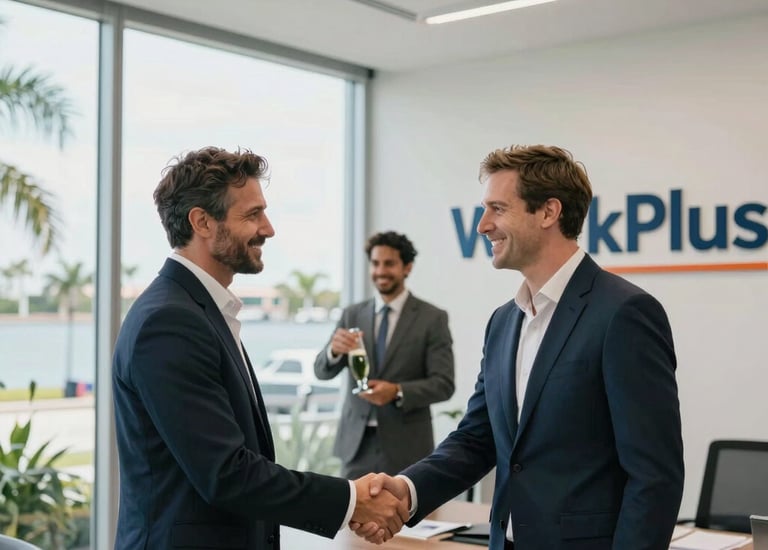 Smiling employees in a modern office celebrating a project success.