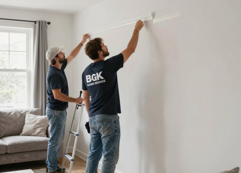 A handyman repairing a door frame inside a cozy living room.