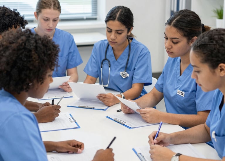 A diverse group of nursing students studying together with tablets and notebooks in a bright classroom.