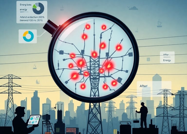 Высоковольтная линия электропередач, внизу силуэт человека с планшетом. В центре лупа поиска потерь.