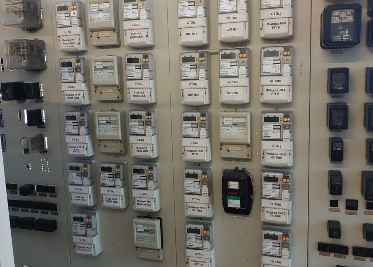 a control panel with a lot of electrical equipment со счетчиками Альфа А1800