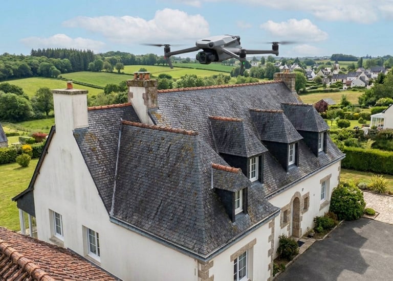 Un drone équipé d'une caméra effectue une inspection aérienne du toit d'une maison de campagne pour 