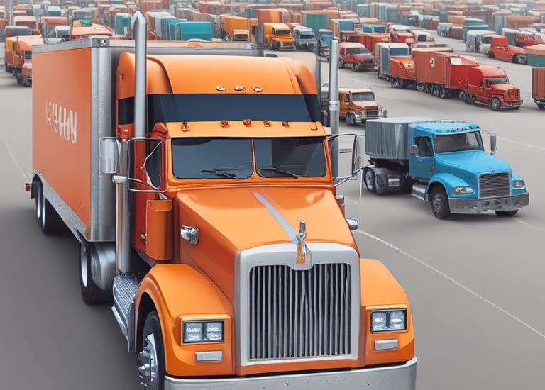 A convoy of trucks driving through a vibrant African landscape at sunrise.