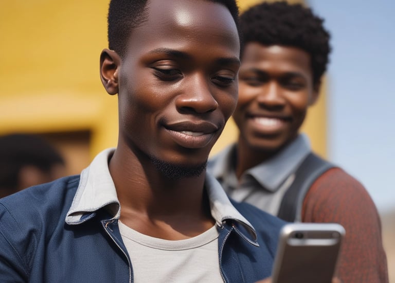 A group of truckers gathered around a tablet sharing route information.