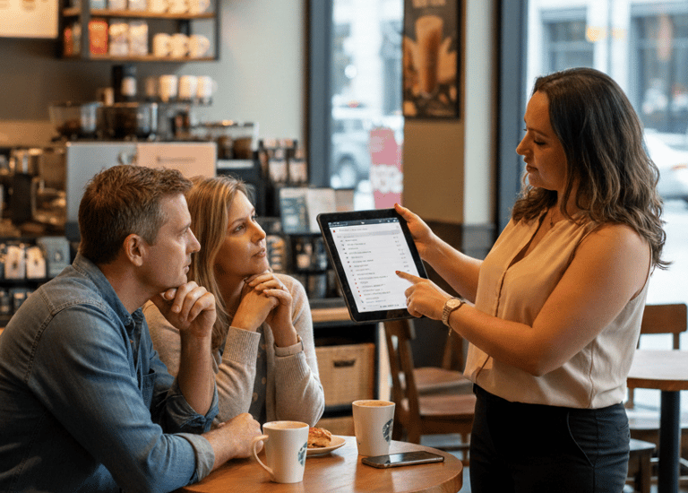Agente de viajes explicando itinerario en una laptop a pareja de viajeros