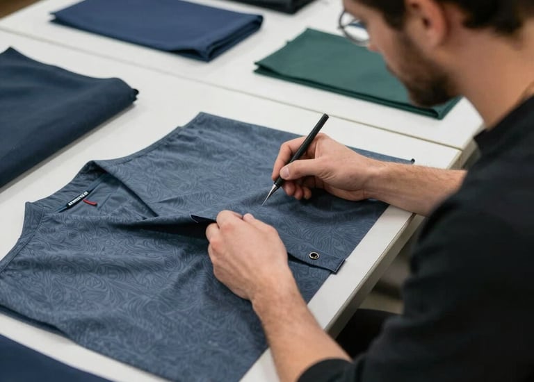 Inspectors examining garments under bright lights for quality assurance.