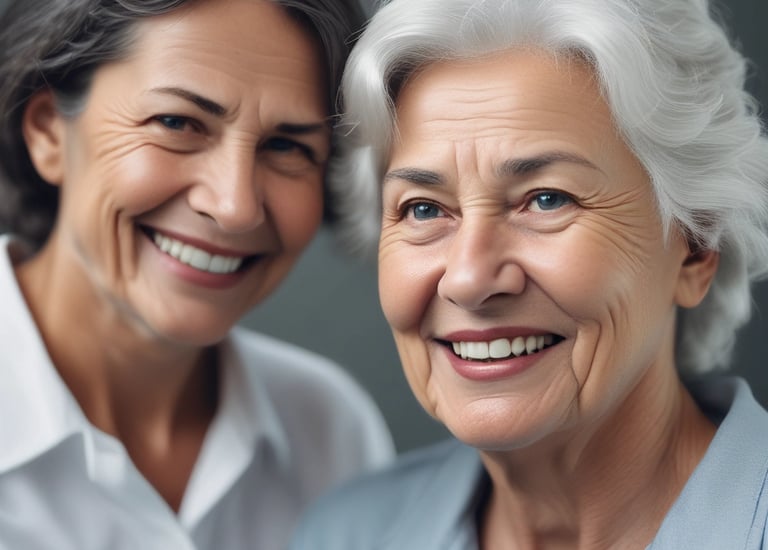 A caregiver warmly assisting an elderly person in a cozy home setting.