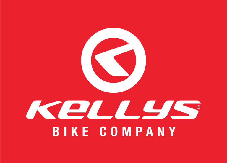 Official Kellys Bike Company logo featuring a white emblem and text on a red background.