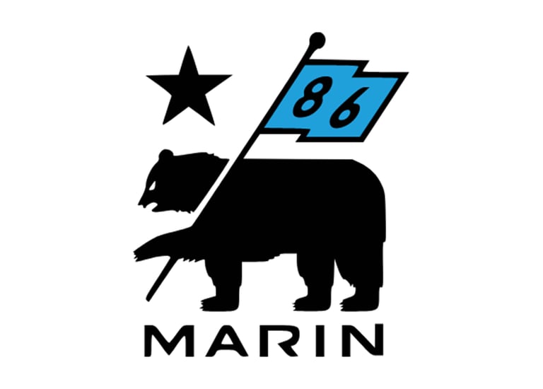 Marin Bikes California republic logo featuring a black grizzly bear, star, and blue flag with 86.