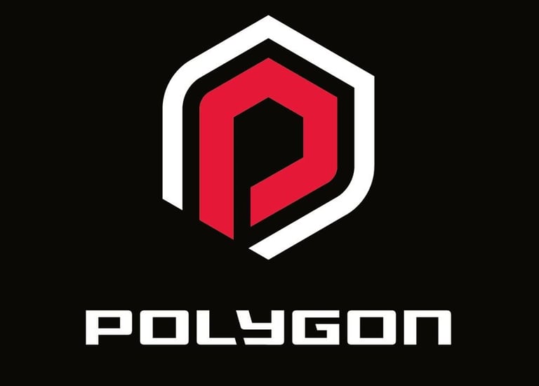 Modern Polygon logo with a red letter P inside a white hexagon frame on a black background.