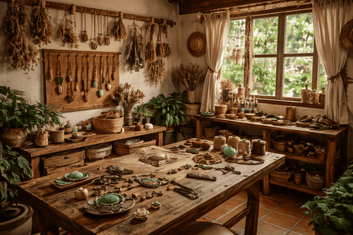 cuarto con mesa de madera al centro con materiales para hacer joyas de macrame a mano, hilos piedrasy herramientas